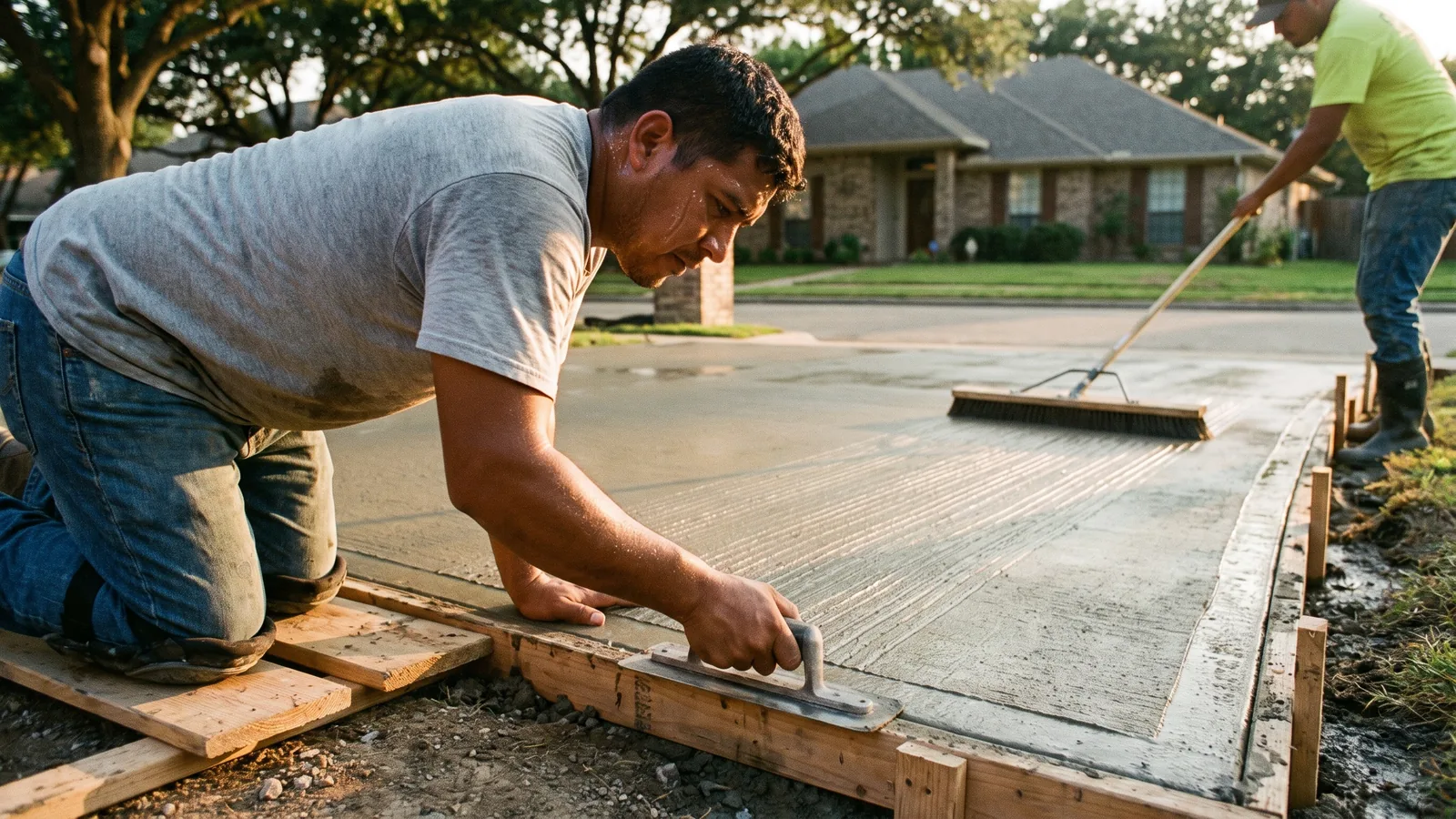 Finisher edging and broom-finishing a fresh concrete driveway