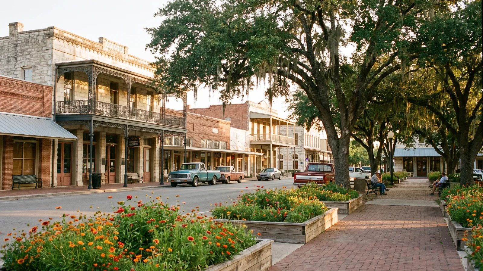 Historic Victorian storefronts and live oaks on the courthouse square in downtown Georgetown, Texas