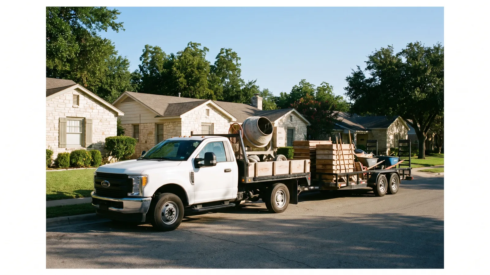 Concrete crew truck and trailer parked on a quiet limestone-home street in Georgetown, TX