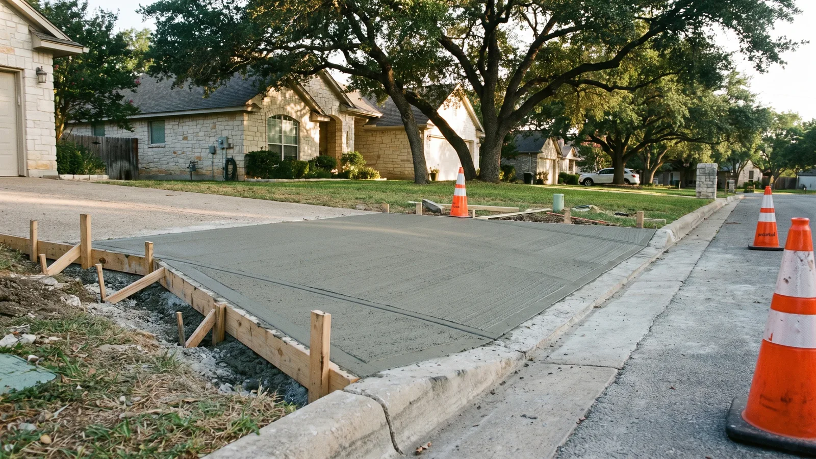 Freshly poured driveway approach at the curb with forms still in place on a Georgetown street