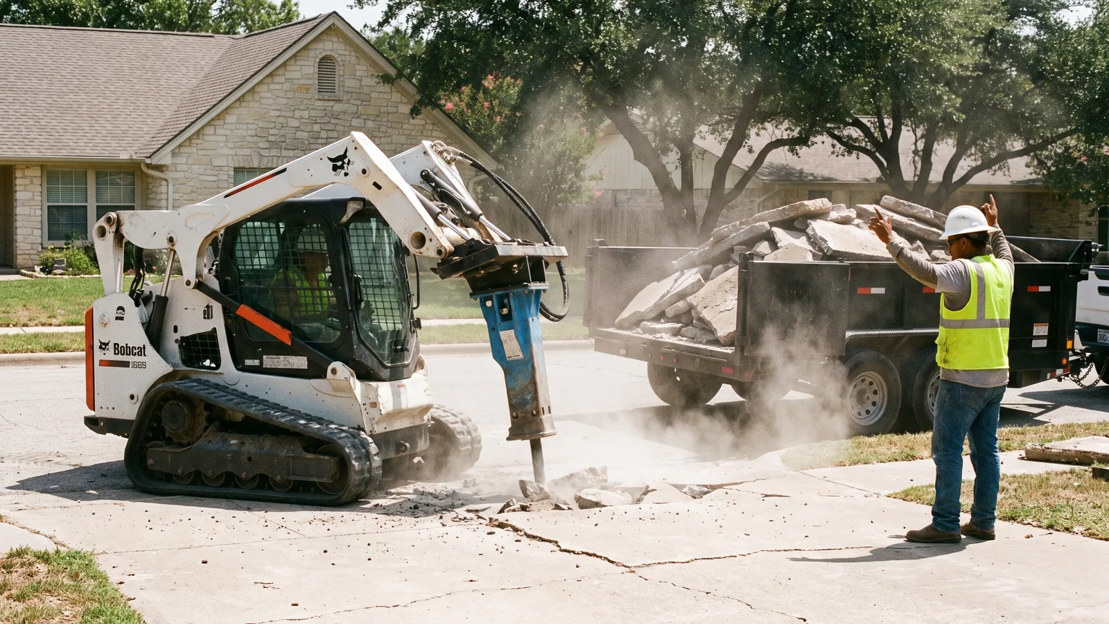 Skid steer with a breaker tearing out an old cracked driveway for replacement