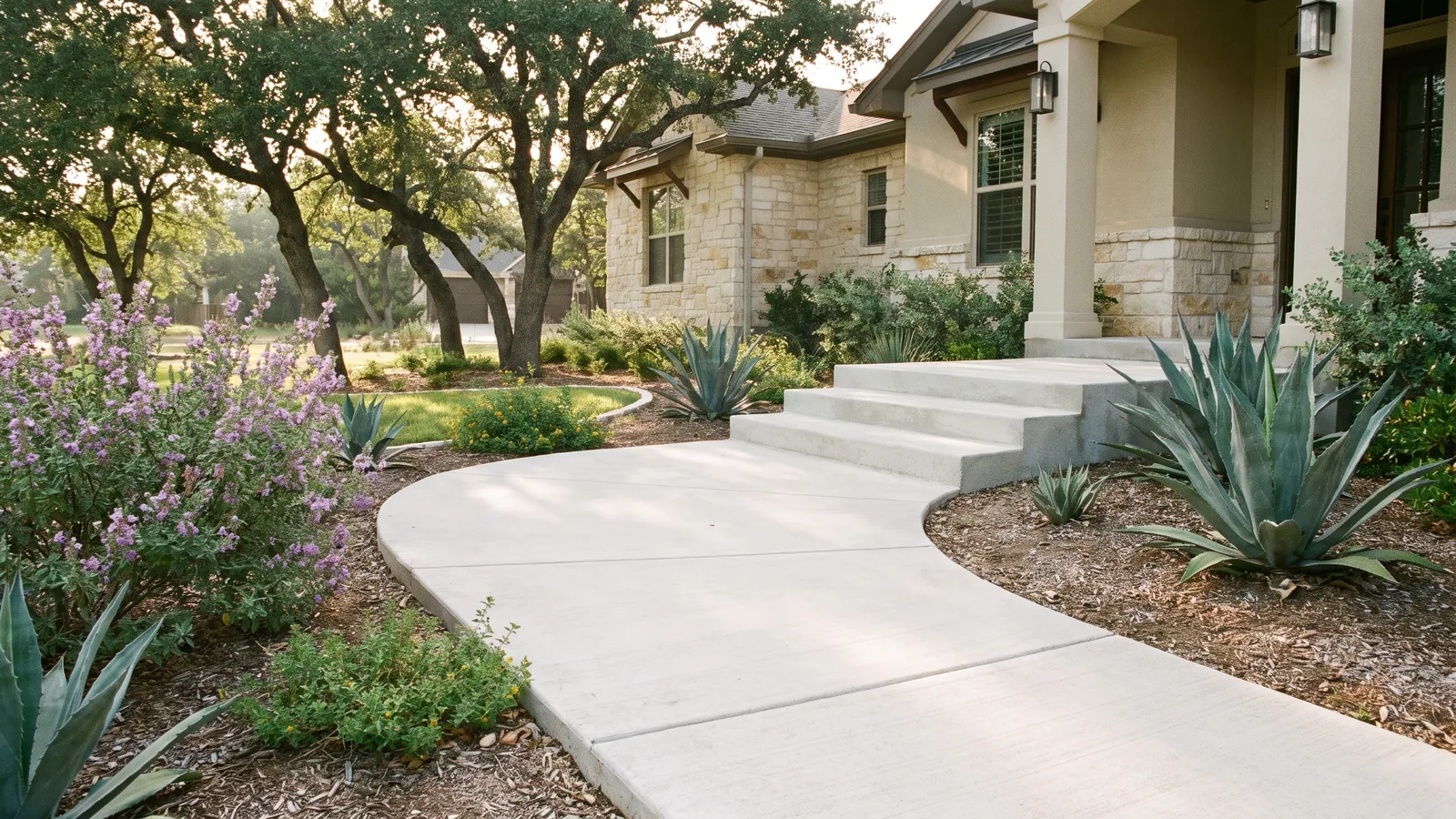 Curved concrete front walkway and porch steps at a stone-and-stucco Georgetown home