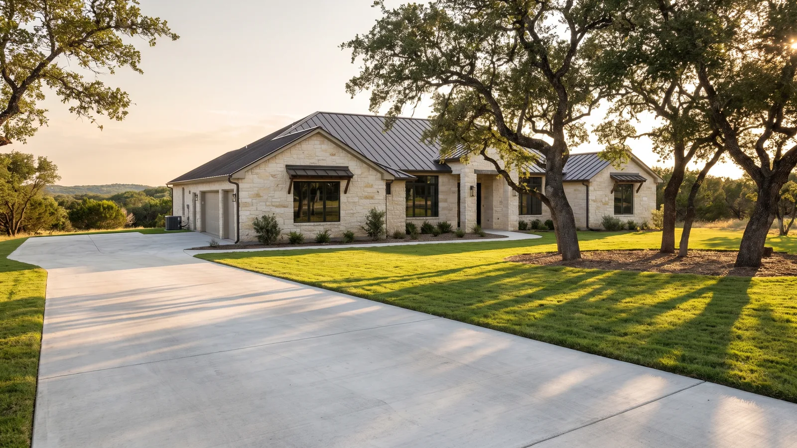 New broom-finished concrete driveway at a limestone Hill Country home in Georgetown, TX under live oaks