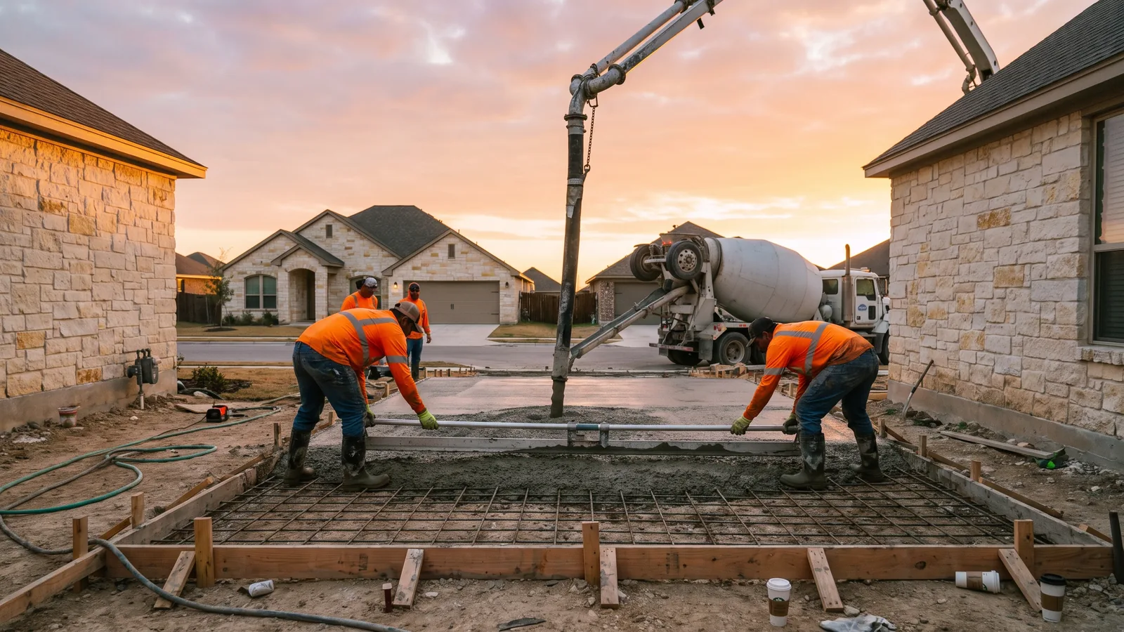 Crew placing a driveway pour from a concrete pump at sunrise on a Georgetown street