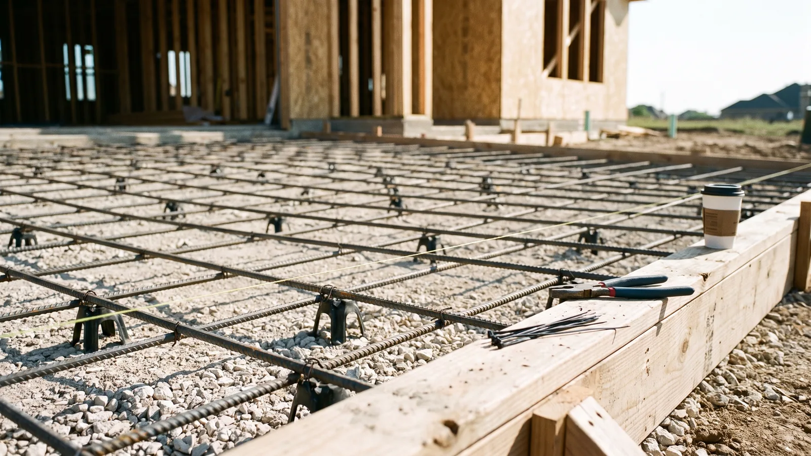 Rebar grid on chairs over compacted base inside driveway forms, ready for inspection
