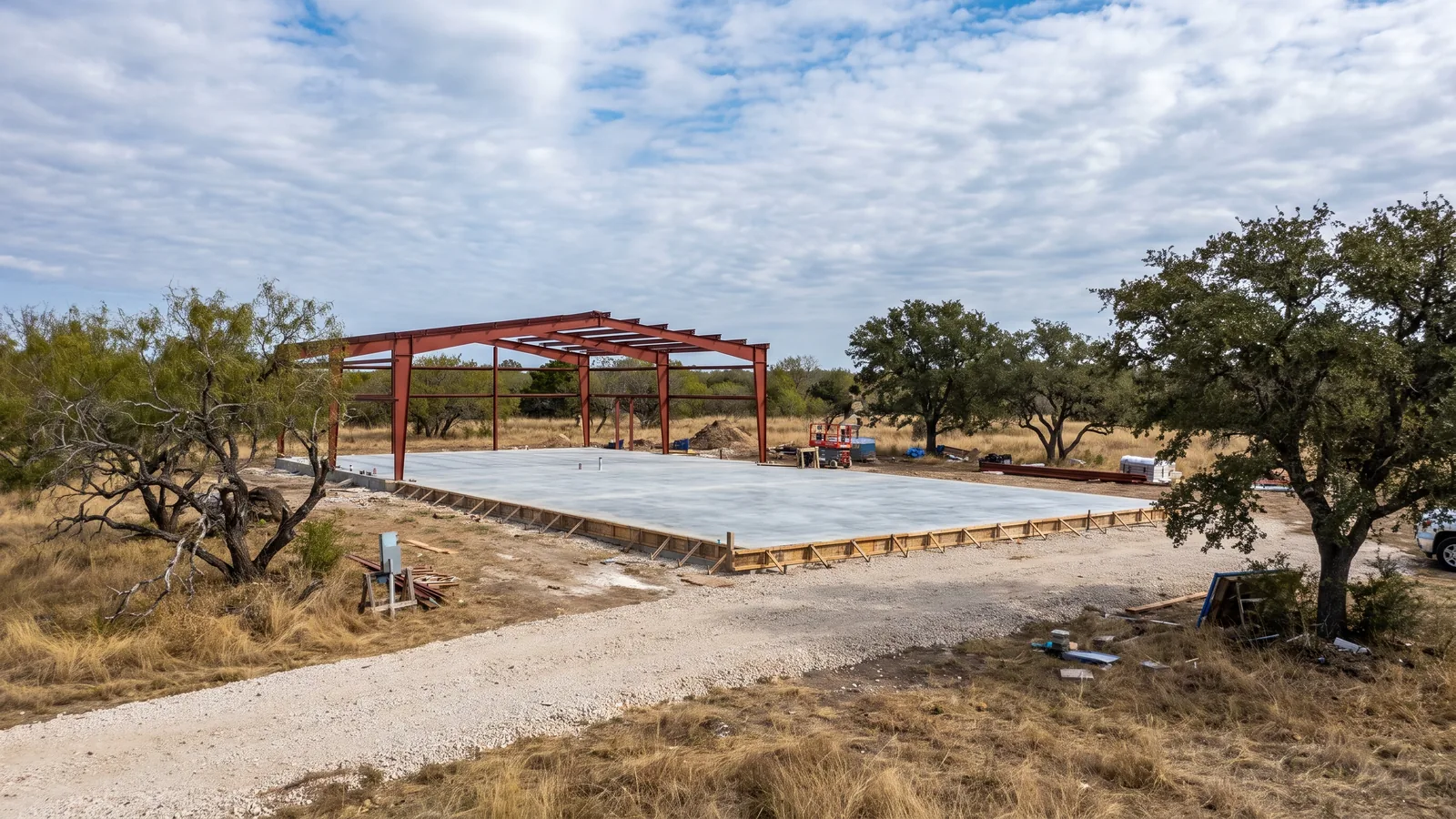 Reinforced concrete slab for a metal workshop on acreage outside Georgetown, TX
