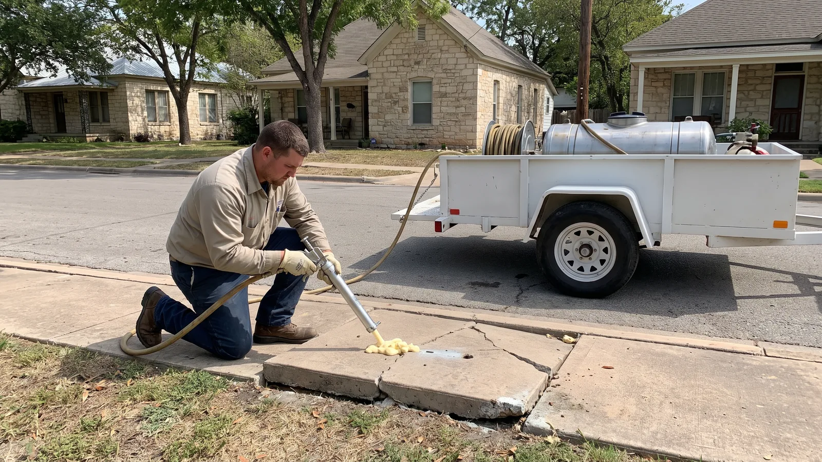 Technician lifting a sunken sidewalk section with polyurethane foam injection