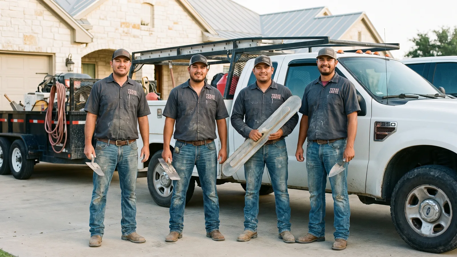 The Georgetown Concrete Works crew standing in front of their truck and trailer